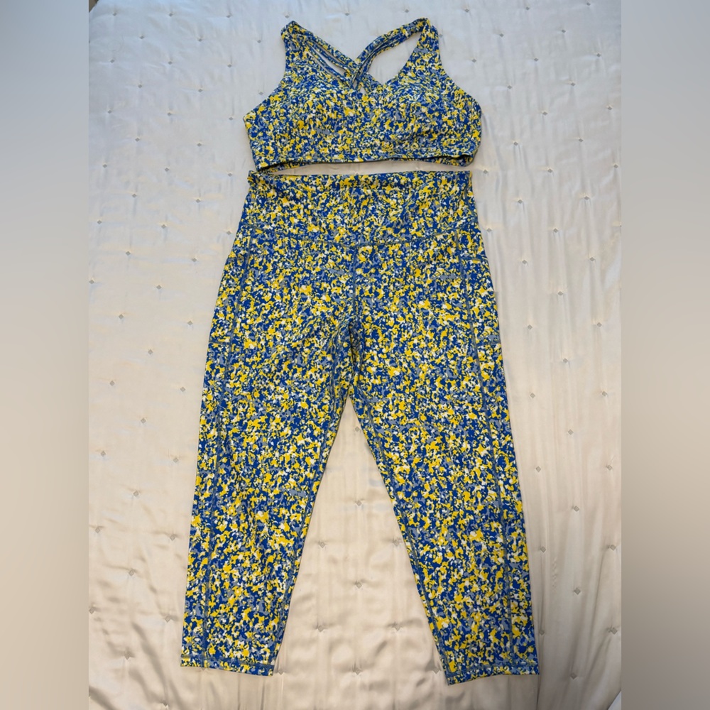 ID IDEOLOGY Speckle Lemon 7/8 Leggings and Sports Bra Set Size XXL (Blue/Yellow)